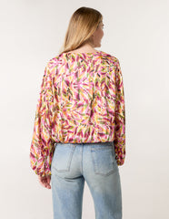 Printed V Neck Puffball Top