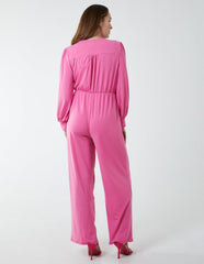 Elasticated Waist Crossover Long Sleeve Jumpsuit