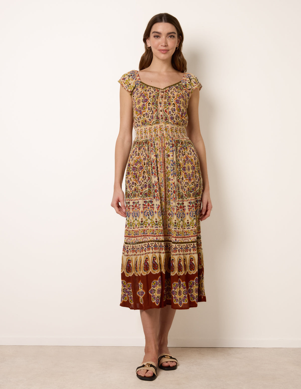 V Neck Embroidery Trim Paisley Maxi Dress