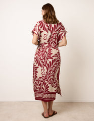 Tropical Leaf Print Belted Shirt Dress