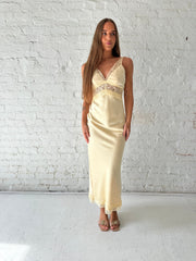Bryn Butter Yellow Satin Lace Trim Maxi Dress