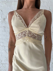 Bryn Butter Yellow Satin Lace Trim Maxi Dress