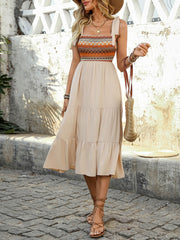 Joyful Retro Embroidered Midi Dress - apricot