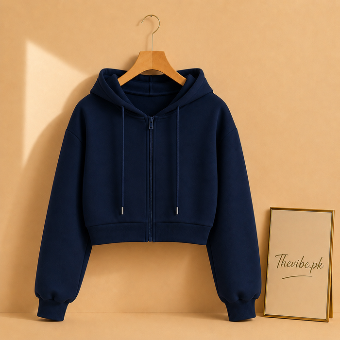 BASIC NAVY BLUE CROP ZIPPER HOOD