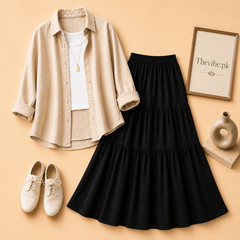 BEIGE BUTTON DOWN SHIRT WITH WHITE TANK TOP AND 3TIER BLACK TWILL SKIRT