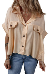 Beige Waffle Crinkle Patchwork Short Batwing Sleeve Shirt