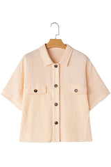 Beige Waffle Crinkle Patchwork Short Batwing Sleeve Shirt