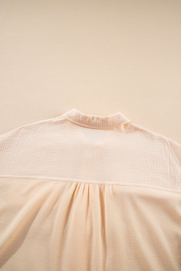 Beige Waffle Crinkle Patchwork Short Batwing Sleeve Shirt