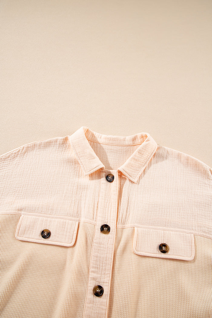 Beige Waffle Crinkle Patchwork Short Batwing Sleeve Shirt
