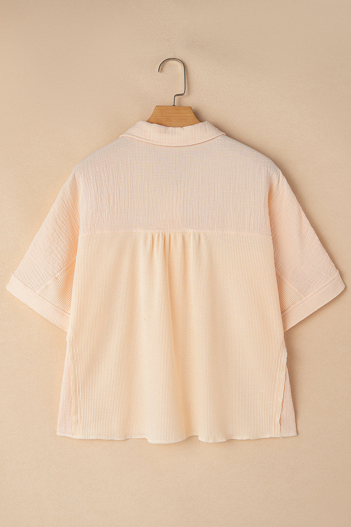 Beige Waffle Crinkle Patchwork Short Batwing Sleeve Shirt