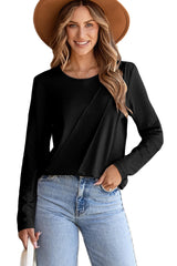 Black  Asymmetric Seam Detail Solid Color Long Sleeve Top