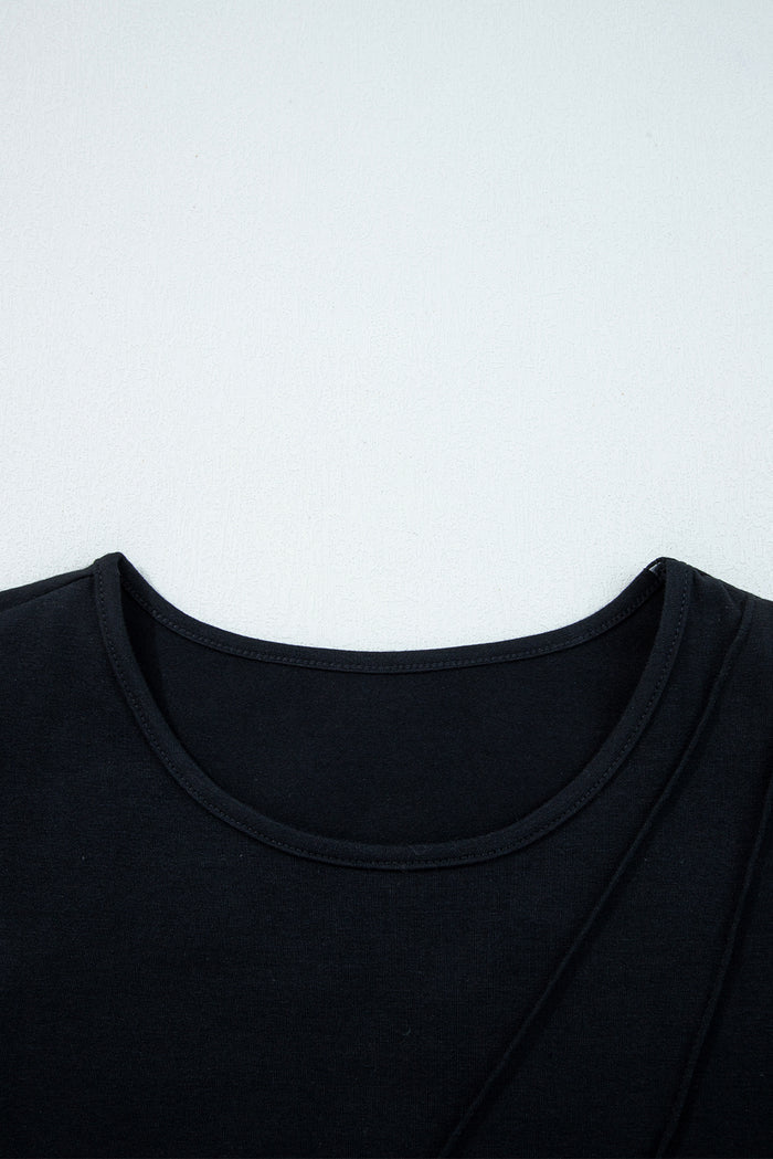 Black  Asymmetric Seam Detail Solid Color Long Sleeve Top