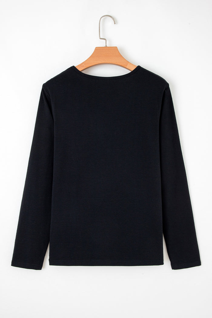Black  Asymmetric Seam Detail Solid Color Long Sleeve Top