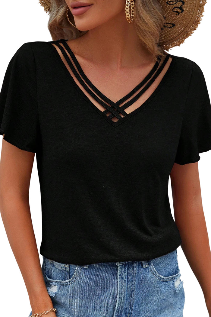 Black Crisscross V Neck Flutter Sleeve T Shirt
