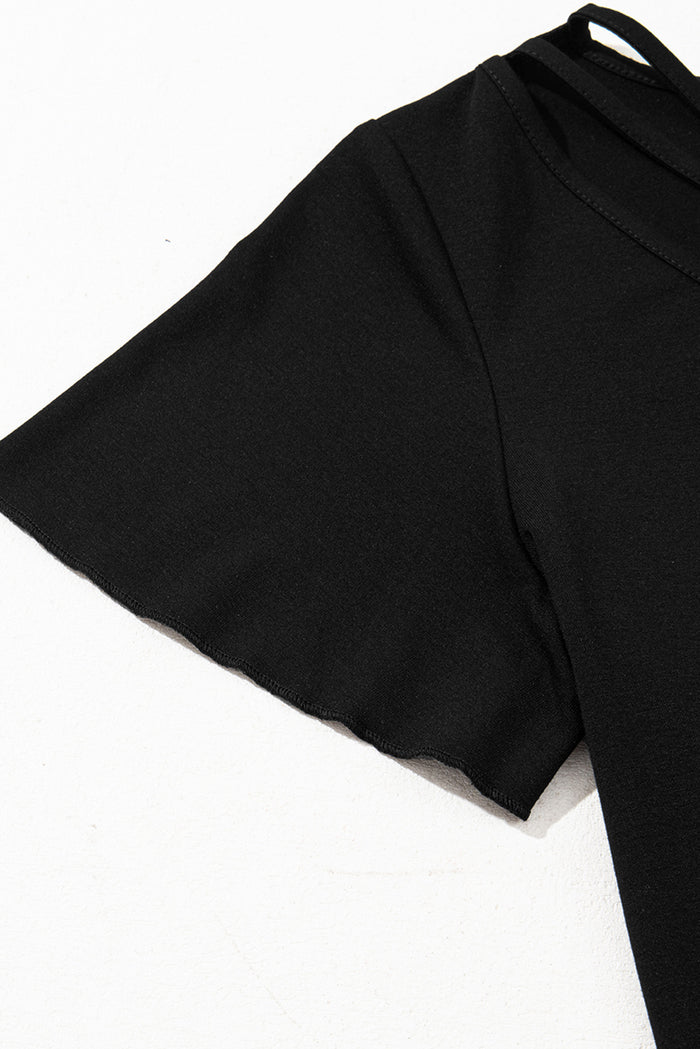 Black Crisscross V Neck Flutter Sleeve T Shirt