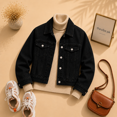 BLACK DENIM JACKET WITH BEIGE TURTLENECK