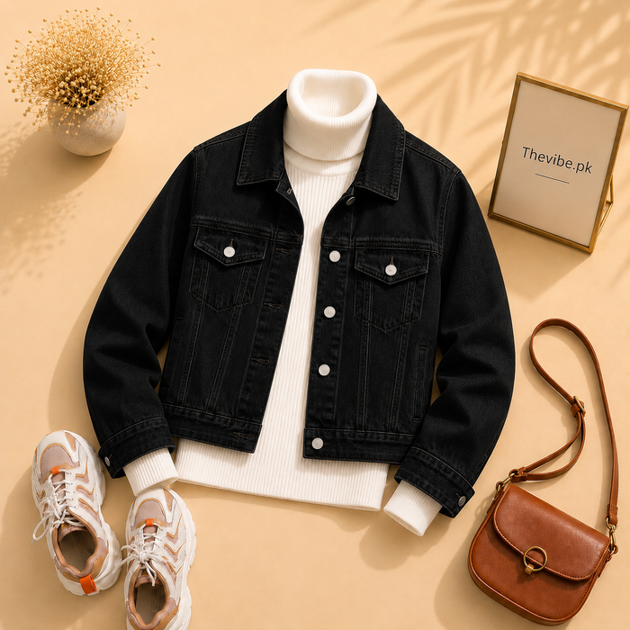 BLACK DENIM JACKET WITH WHITE TURTLENECK