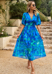 EUPHORIC MOOD FLORAL PRINTED MIDI DRESS - BLUE