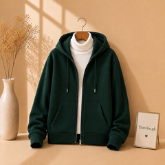 BOTTLE GREEN ZIPPER HOODIE WITH WHITE HIGH NECK