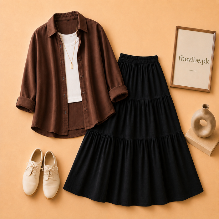 BROWN BUTTON DOWN SHIRT WITH WHITE TANK TOP AND 3TIER BLACK TWILL SKIRT