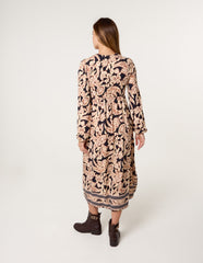 V Neck Shirred Border Print Midi Dress