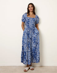 Large Floral Printed Square Neck Puff Sleeve Dress