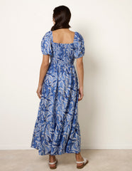 Large Floral Printed Square Neck Puff Sleeve Dress