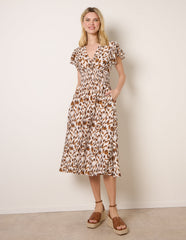 Printed V Neck Frill Sleeve Midi Dress