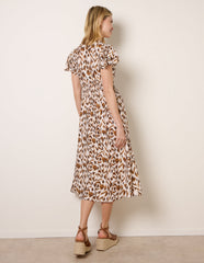Printed V Neck Frill Sleeve Midi Dress