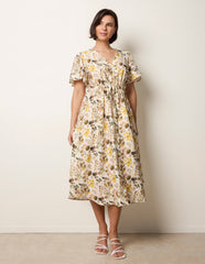 Leaf Print Tie Waist Shirt Midi Dress