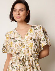 Leaf Print Tie Waist Shirt Midi Dress