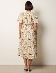 Leaf Print Tie Waist Shirt Midi Dress
