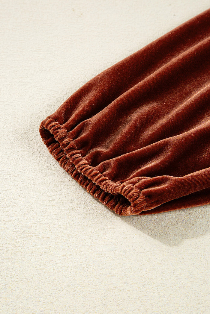 Clay Elastic V Neck Puff Sleeve Flowy Velvet Dress