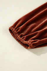 Clay Elastic V Neck Puff Sleeve Flowy Velvet Dress