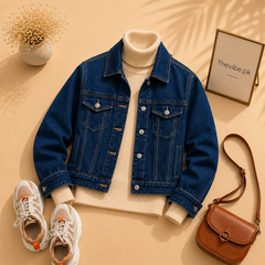DARK BLUE DENIM JACKET WITH BEIGE TURTLENECK
