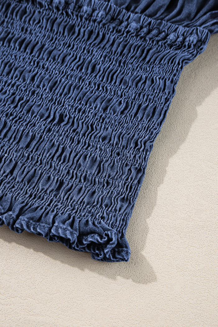 Dark Blue Smocked Ruffle Puff Sleeve V Neck Denim Top