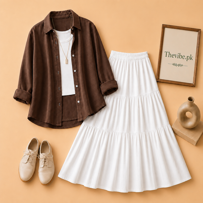 DARK BROWN BUTTON DOWN SHIRT WITH WHITE TANK TOP AND 3TIER WHITE TWILL SKIRT
