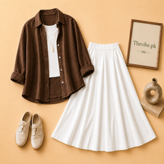 DARK BROWN BUTTON DOWN SHIRT WITH WHITE TANKTOP AND WHITE TWILL SHIRT