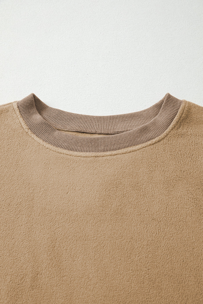 Dark Khaki Fuzzy Sherpa Splicing Pullover Sweatshirt
