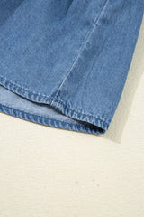 Dusk Blue Denim Lapel Neck Balloon Sleeve Tied Peplum Top