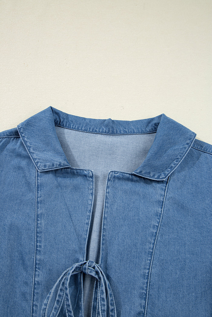 Dusk Blue Denim Lapel Neck Balloon Sleeve Tied Peplum Top
