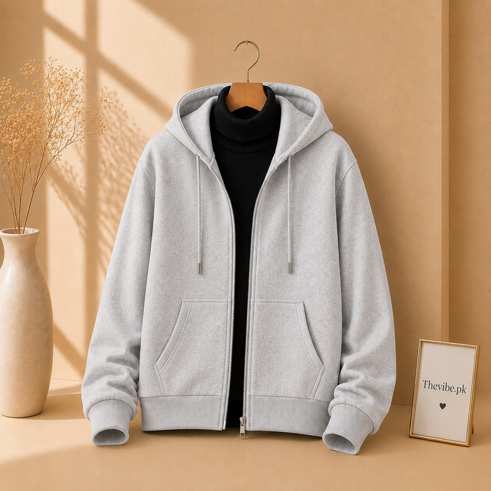 GRAY ZIPPER HOODIE WITH BLACK HIGH NECK