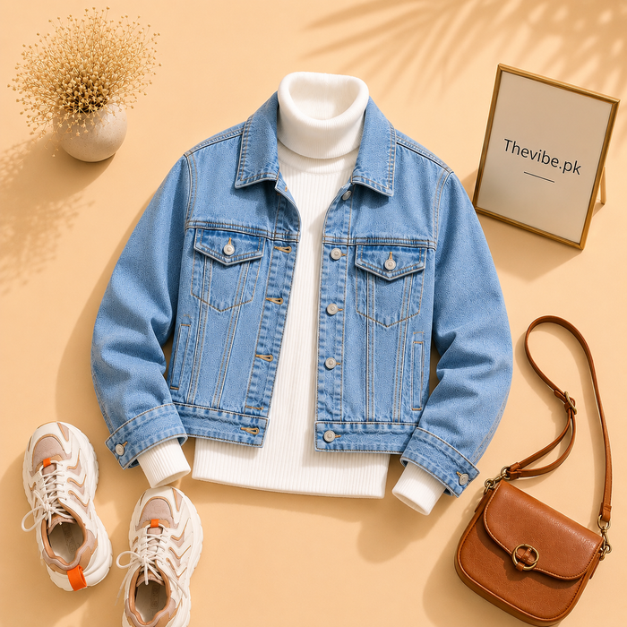 ICE BLUE DENIM JACKET WITH WHITE TURTLENECK