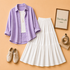 LILAC DOWN SHIRT WITH WHITE TANK TOP AND 3TIER WHITE TWILL SKIRT