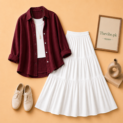 MAROON BUTTON DOWN SHIRT WITH WHITE TANK TOP AND 3TIER WHITE TWILL SKIRT