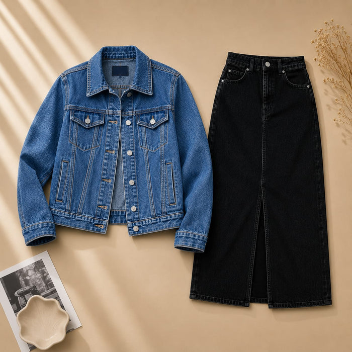 MID BLUE DENIM JACKET WITH BLACK DENIM SHIRT