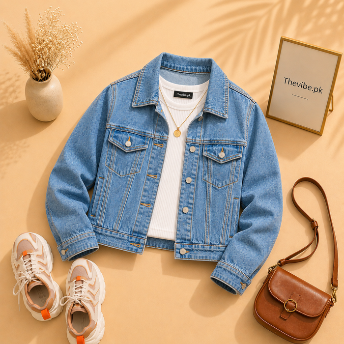 MID BLUE DENIM JACKET WITH WHITE TANK TOP