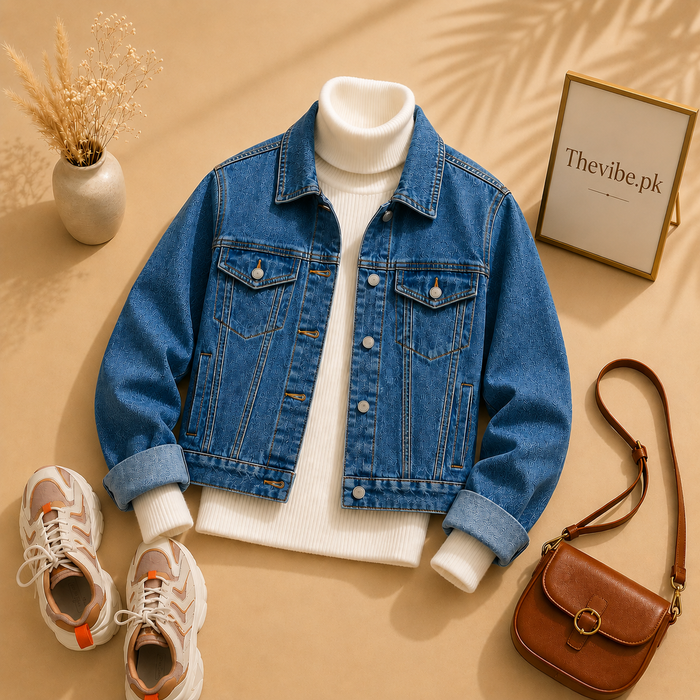MID BLUE DENIM JACKET WITH WHITE TURTLENECK