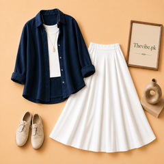 NAVY BLUE BUTTON DOWN SHIRT WITH WHITE TANKTOP AND WHITE TWILL SHIRT