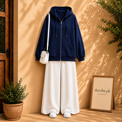 NAVY BLUE ZIP HOODIE WITH WHITE FLAPPER